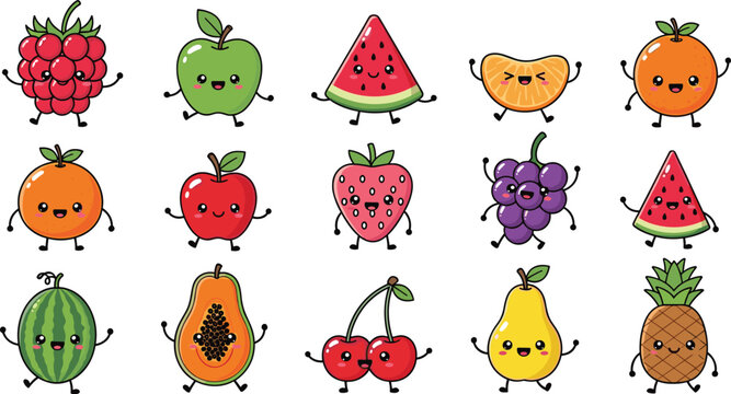 Kawaii Fruit Cartoon Character Collection Vector Illustration Set with Cute Happy Dancing Faces and Colorful Fruit Designs