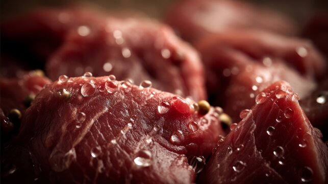Fresh Raw Meat with Water Droplets and Pepper, Close-Up Shot, Ideal for Culinary and Gastronomy Themes in Food Photography