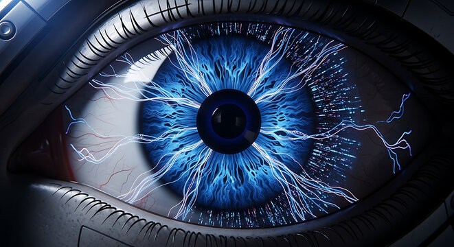 Digital eye with glowing blue neural patterns, representing advanced AI and futuristic technology