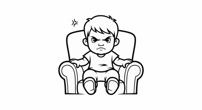 Cartoon child with an angry expression sits in a chair