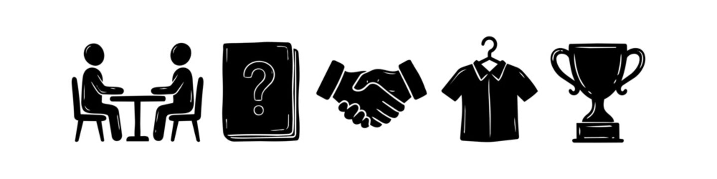A set of five black vector icons depicting a professional career path: job interview, FAQ manual, handshake agreement, company uniform shirt, and a trophy for success and achievement.