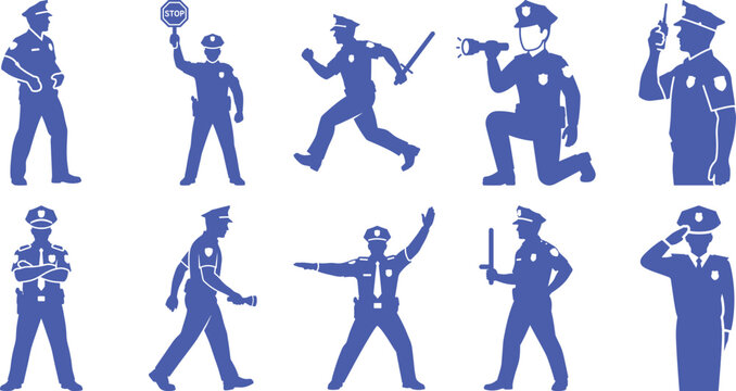 A collection of blue police officer silhouettes in various professional poses and actions. Vector, illustration