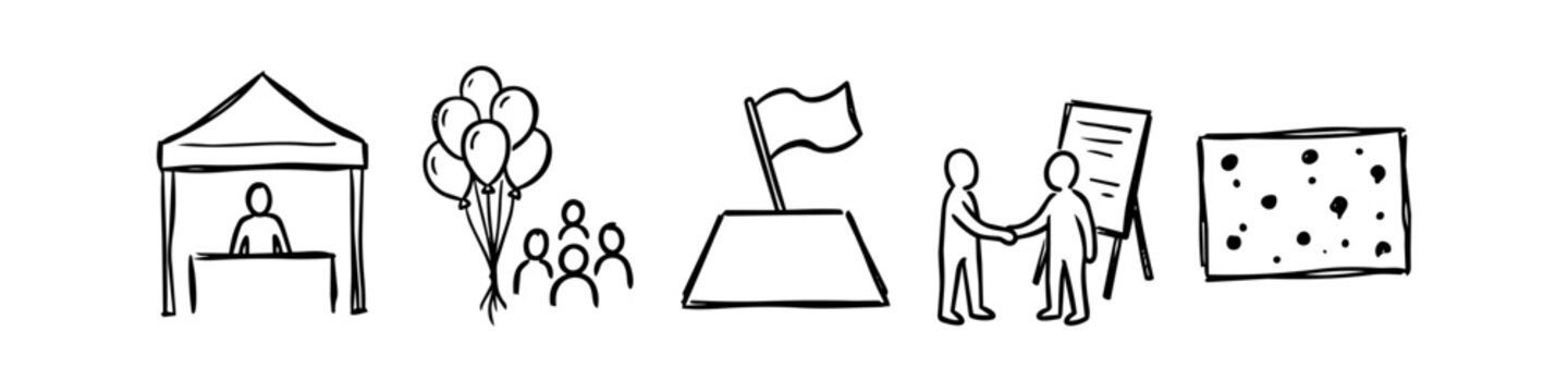 Hand-drawn business and event doodle icons featuring a market stall, celebratory balloons, a milestone flag, a handshake agreement, and a bulletin board.