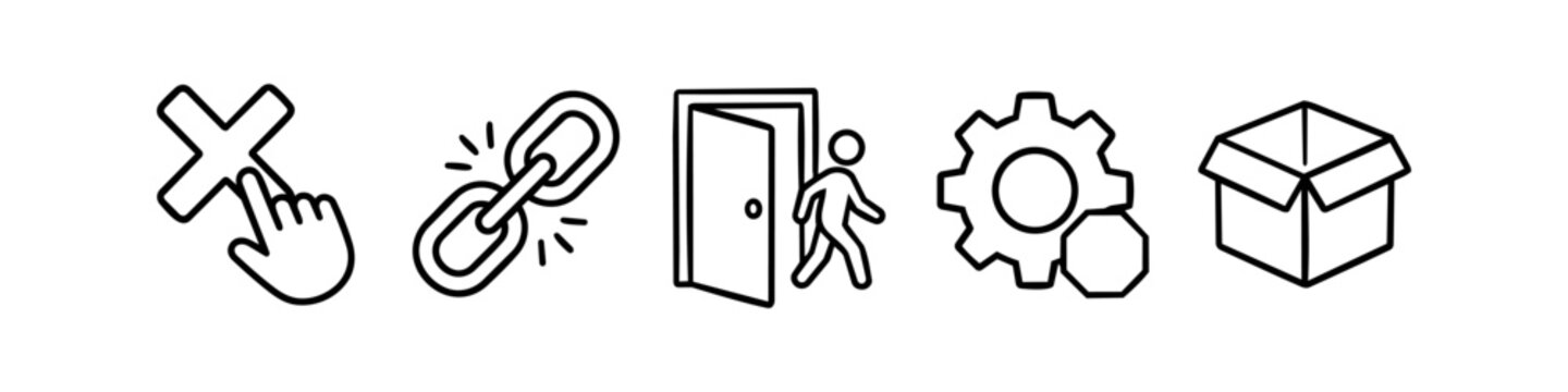 Set of black and white line icons representing various actions: cancel click, broken link, exit door, stop maintenance gear, and an open cardboard box for shipping or delivery.