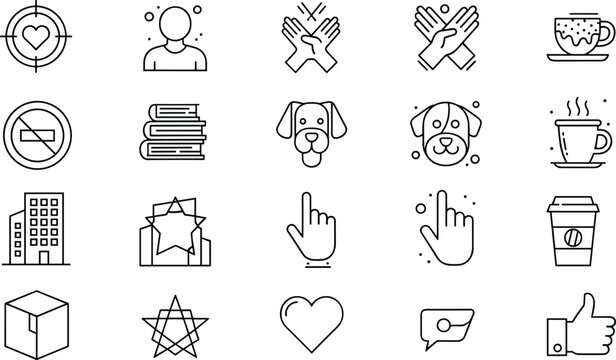 Mixed everyday lifestyle icon set featuring objects pets gestures symbols and daily items in outline vector illustration collection