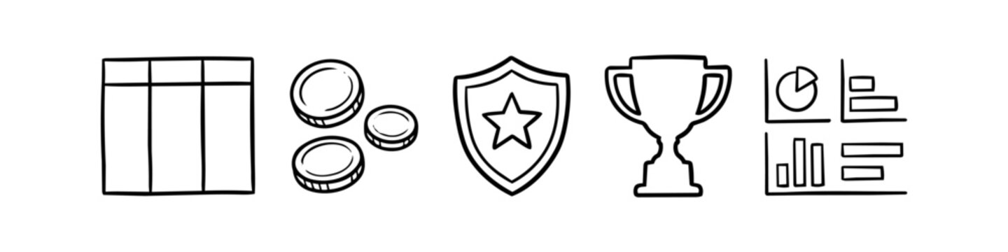 Set of hand-drawn business icons in doodle style, including spreadsheet, coins, shield, trophy, and data charts. Simple black outline vector illustrations for finance and management concepts.