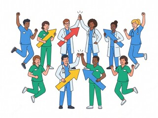 Obraz premium Doctors and nurses celebrate with upward-pointing arrows and fist pumps, vector art isolated on white