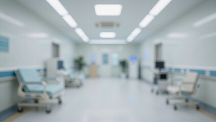 Fototapeta premium Blurry view of a hospital hallway with beds and medical equipment lined up neatly