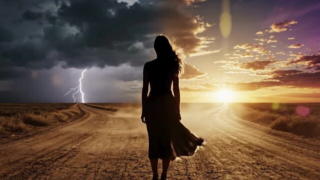 Silhouette of a young woman standing at a fork in a dirt road, facing a difficult choice between a dark stormy path with lightning and a bright hopeful sunset path, representing life decisions.