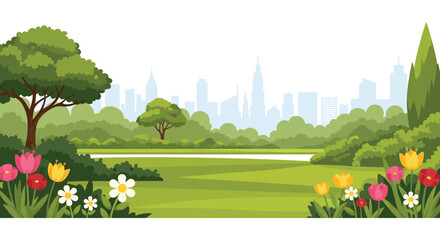 A vibrant park landscape with colorful flowers and a distant city skyline presented in a striking silhouette high quality professional detailed © CreativeAkash099