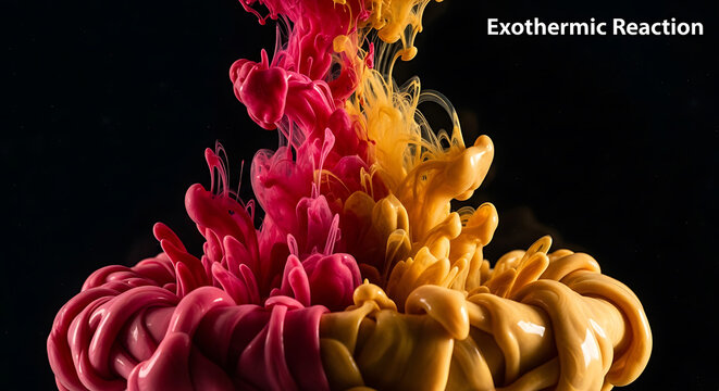 Vibrant exothermic reaction creates mesmerizing swirls of red and orange liquid on a dark background.