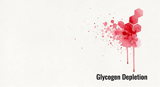 The illustration depicts glycogen depletion through a vibrant red honeycomb structure disintegrating and dripping downwards on a plain surface.