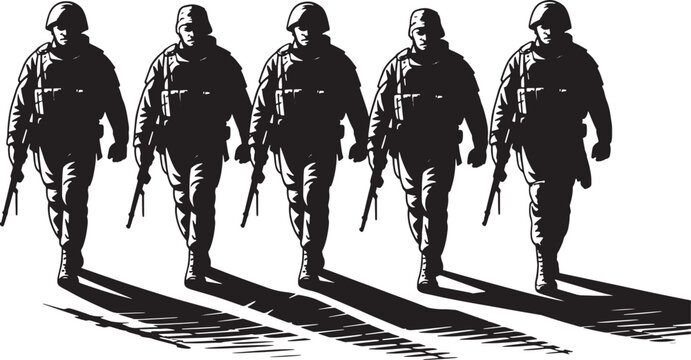 determined soldiers marching forward in a powerful silhouette illustration