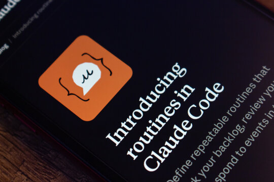 Mexico City, MEXICO - Apr 20 2026 : Anthropic Claude Code Routines Announcement from Official Webpage on Smartphone Screen.