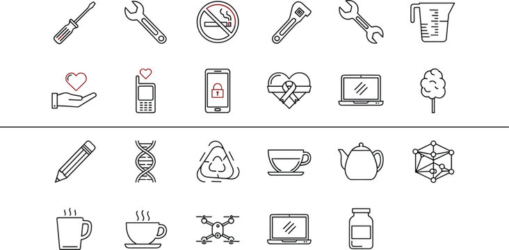 Mixed lifestyle and technology icon set featuring tools health devices recycling coffee science and daily objects vector illustration