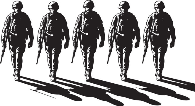 determined soldiers in full combat gear marching forward with long shadows