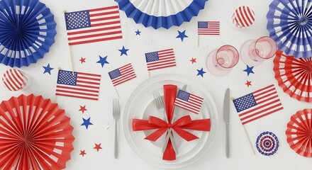Obraz premium Patriotic memorial day decorations american flags rosettes festive table setting