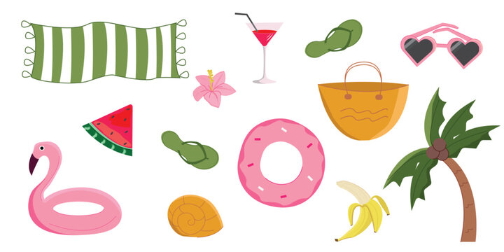 Playful Summer Beach Elements Vector Set &ndash; Watermelon, Flamingo Float, Donut Ring, Tropical Drink, Palm Tree and Vacation Icons