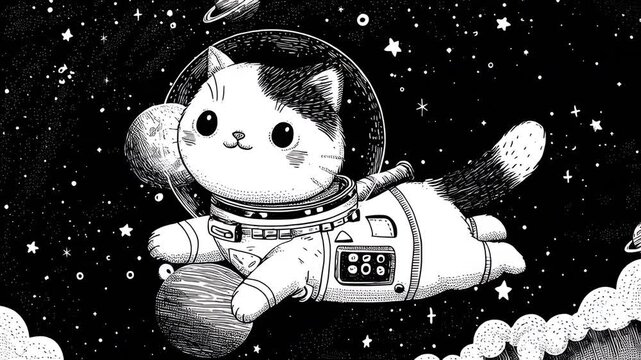 Cute cat astronaut floating in space with planets and stars
