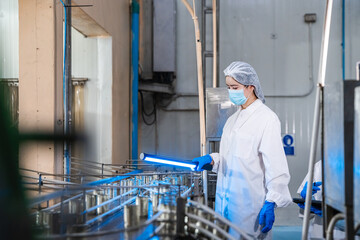 Fototapeta premium Worker in protective gear checks metal racks. Quality control and hygiene standards in modern canned fish processing factory, concept of food safety and industrial manufacturing.