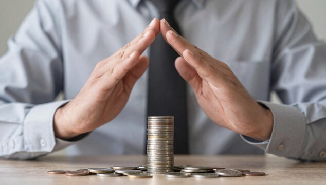 Man's hands form protective roof over stack of coins on table