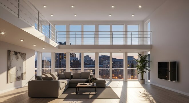 Spacious modern loft apartment with high ceilings, large windows, and city views during daytime