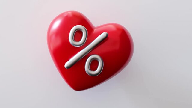 A 3D animation showcases red hearts with percentage signs for a Valentines Day sale. The animation highlights discounts and special offers on products for shoppers