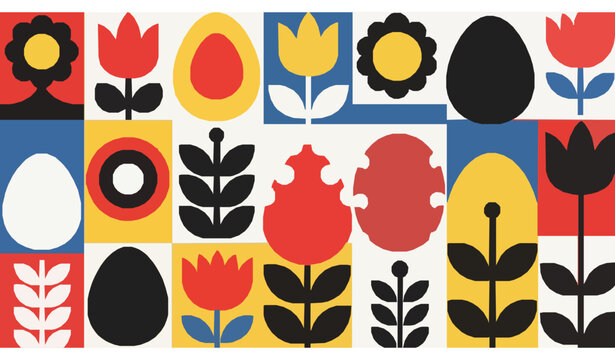 Abstract Easter Bauhaus geometric pattern vector eggs floral plants design