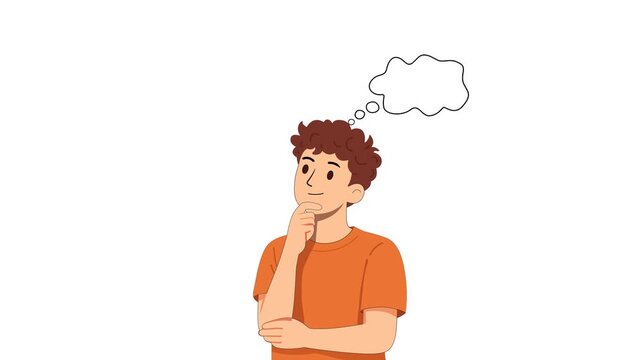 A cartoon character thinking with a blank thought bubble representing ideas, decision making and problem solving, perfect for education, business and creative concept visuals