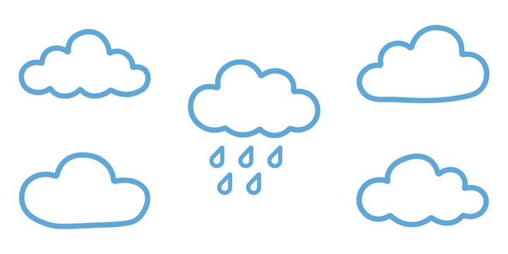 Set of five simple blue hand drawn cloud and rain outline vector icons