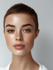 Obraz premium Short brown hair beautiful woman clear skin natural makeup soft lighting portrait youthful freckles neutral background serene expression