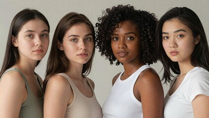 Fototapeta premium Group of diverse young women stand together looking at the camera