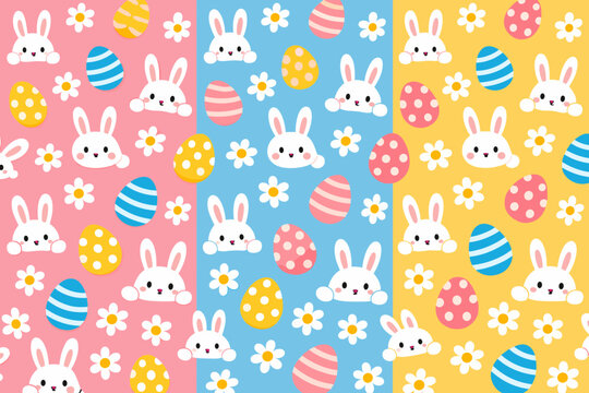 Happy Easter Cute Seamless Pattern Set with White Bunny Heads, Colorful Painted Eggs, and Daisy Flowers on Pink, Blue, and Yellow Backgrounds; Kawaii Vector Illustration for Holiday Decoration