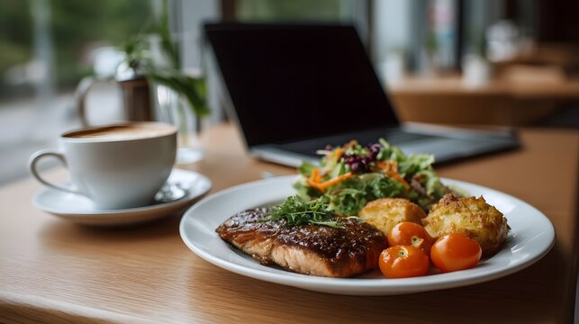A perfectly composed healthy meal of salmon and salad rests on a wooden table near a cup of coffee and an open laptop