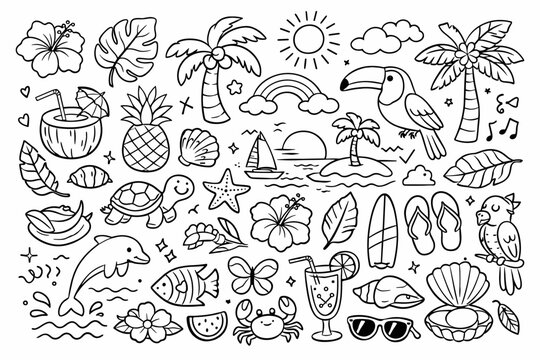 Tropical Nature Doodle Elements Line Art Vector Illustration Set with Summer Beach Vacation Icons, Palm Trees, Exotic Animals, Flowers, Sea Life, and Travel Symbols for Coloring and Design.