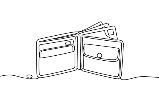 Minimalist continuous line drawing of an open leather wallet with cash bills and credit cards, vector illustration of a purse for finance, banking, savings, wealth, and payment concepts on white.