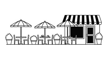 Black and white outdoor cafe scene with umbrellas and striped awning silhouette © Mama