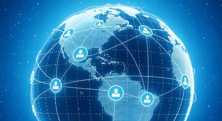 Obraz premium Global network connection on digital earth globe, worldwide social media users, blue futuristic technology background
