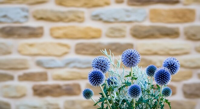 Blue globe thistle flowers against rustic stone wall, echinops ritro blossoms, garden floral background with copy space
