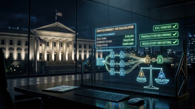 Advanced cryptocurrency tax calculator interface displaying blockchain records and financial data with a symbolic balance of freedom and regulation