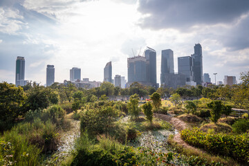 Obraz premium Bangkok Skyline Urban Park Green Trees Overcast Sky Thailand