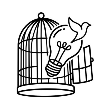 Open Bird Cage with Light Bulb and Flying Dove Freedom Idea Vector Illustration