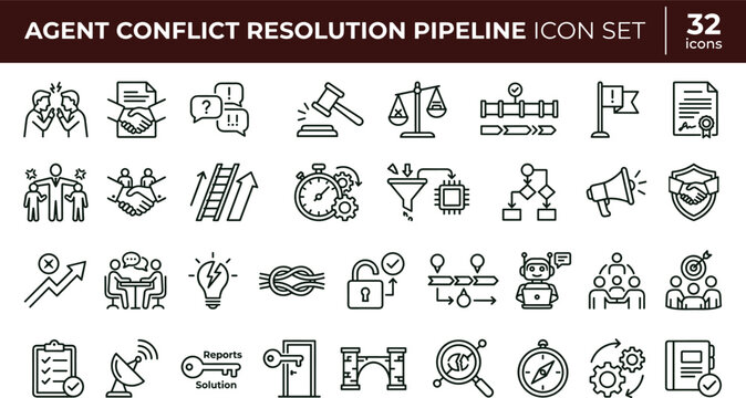 Agent conflict resolution pipeline icon set illustrating mediation negotiation agreement communication decision collaboration management workflow outline vector symbols