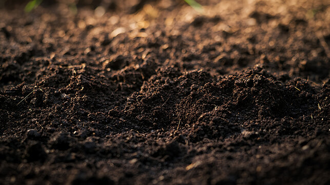 Closeup of Rich Dark Soil with Natural Textures and Sunlight.