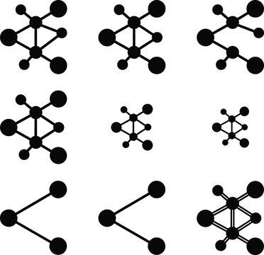 Abstract Network Node Icon Set with Connected Dots, Data Structure Symbols, Technology Communication Links, Molecular Diagram Shapes, Minimal Vector Illustration Collection