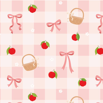 Cute Strawberry Picnic Checkerboard Pattern with Bows and Basket on Pink Background