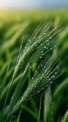 Fototapeta premium Close up of wheat ears with water droplets green field background morning light fresh natural agriculture macro vibrant outdoors