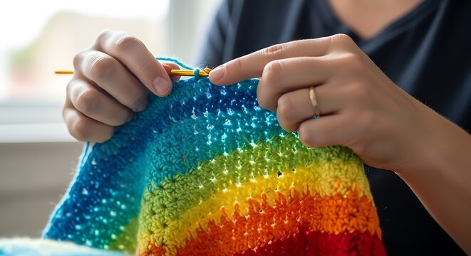 Handmade crochet craft with rainbow yarn, woman hands knitting colorful wool fabric, creative hobby and needlework