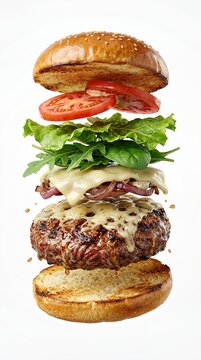 Exploded View Gourmet Cheeseburger with Beef Patty, Melted Cheese, Fresh Vegetables and Toasted Bun on White Background