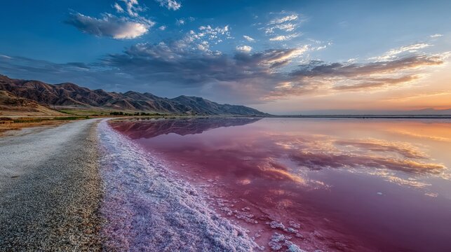 Pink lake shows unusual nature. Rare phenomenon, salt lake with pink algae. Beautiful sight.